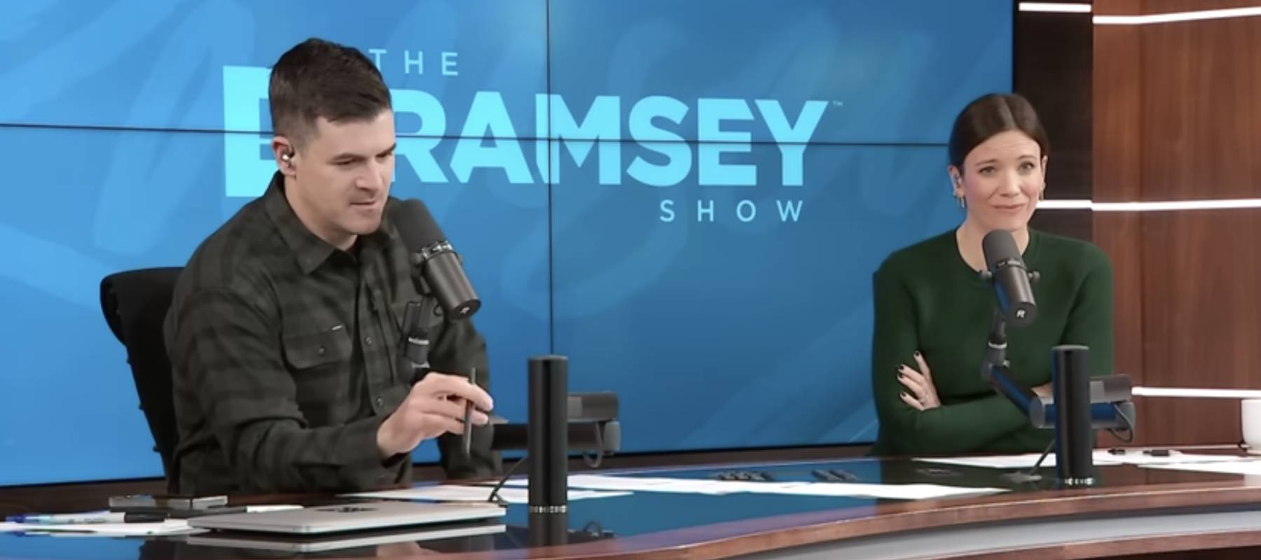 co-hosts listen in a listener call during an episode of 'The Dave Ramsey Show'