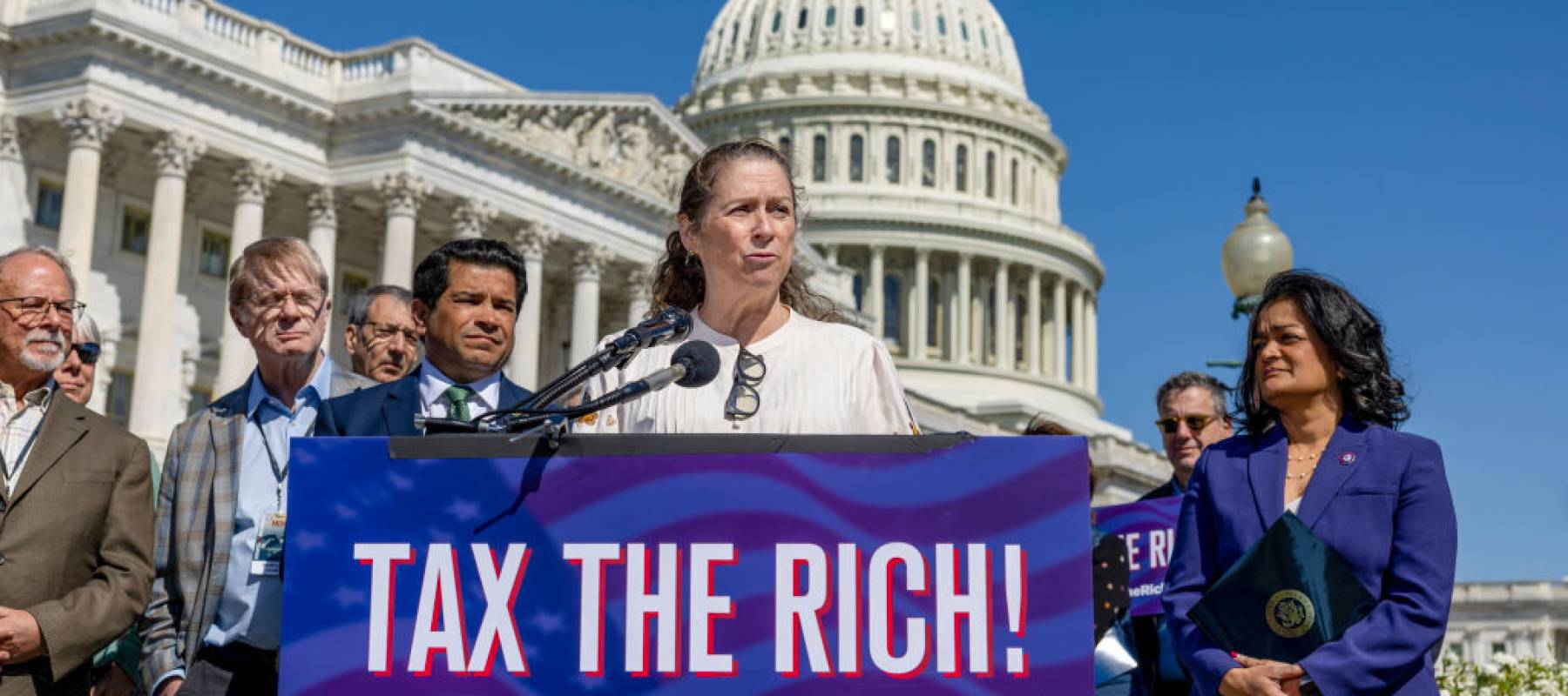 bigail Disney, filmmaker and Patriotic Millionaire speaks during a press conference outside the US Capitol on April 18, 2023 in Washington, DC.