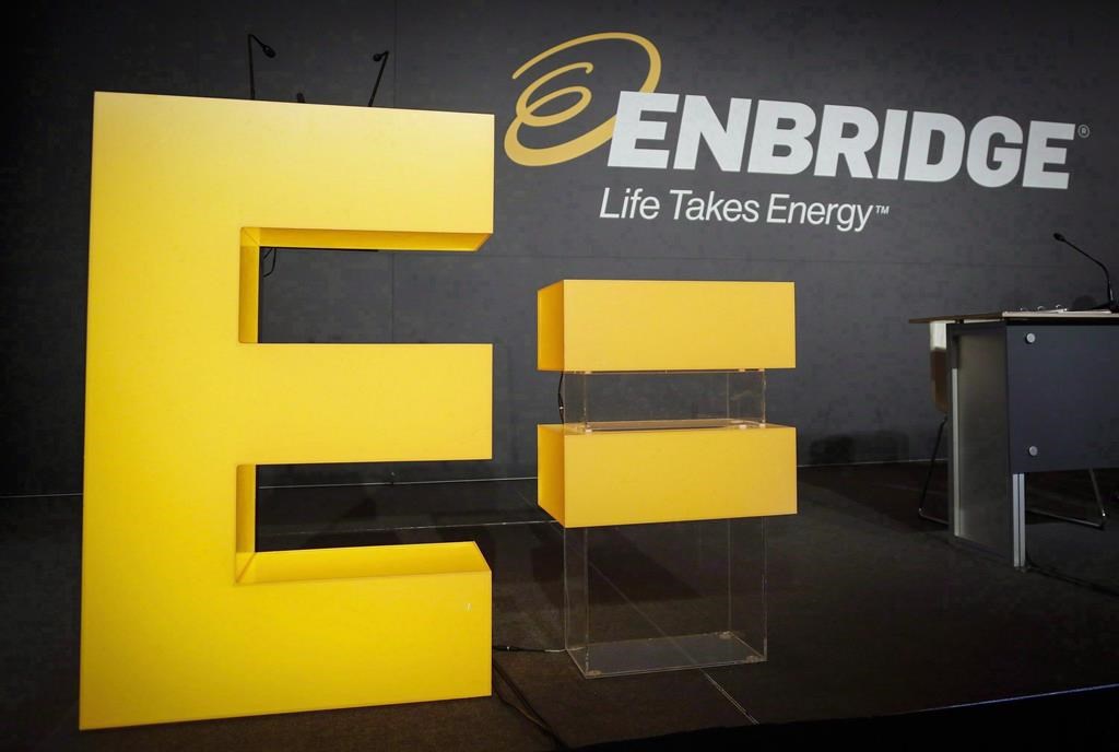 Enbridge&#039;s logos are on display at the company&#039;s annual meeting in Calgary on May 12, 2016. 