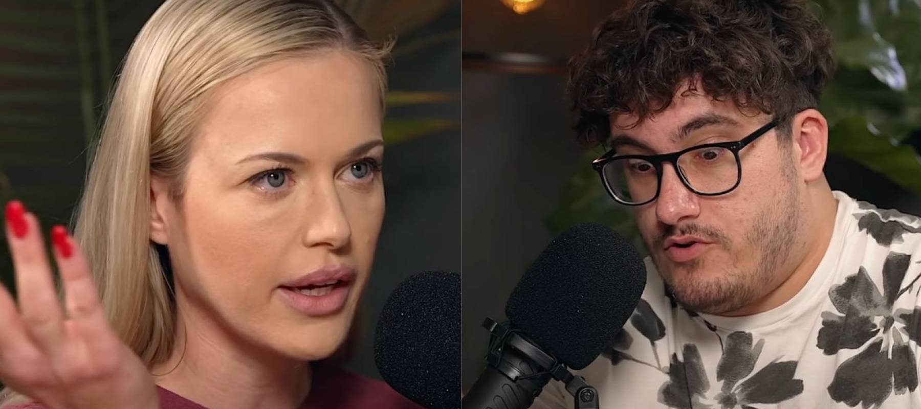 Screenshots of woman with long red fingernails holding up her hand and a man sitting opposite her, looking concerned.