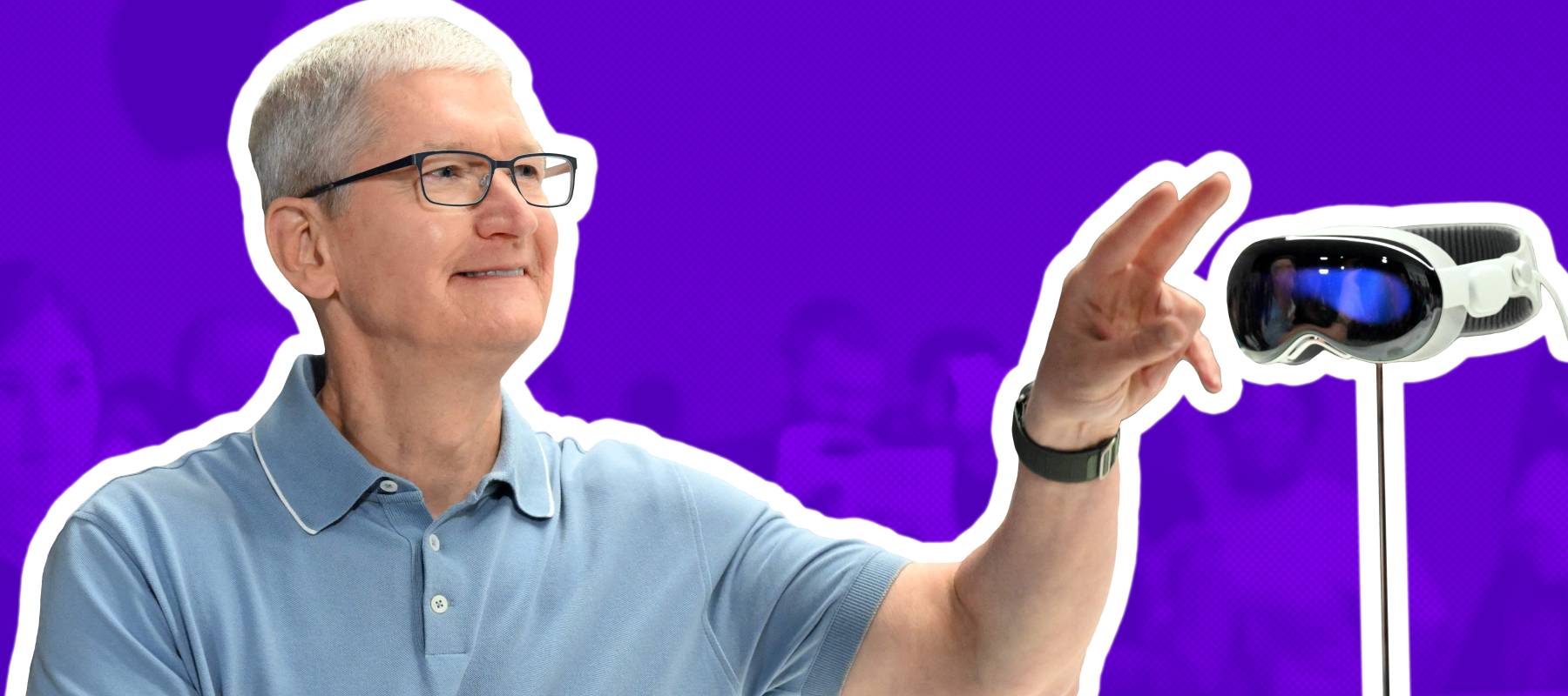 Tim Cook reaching out to touch the new Vision Pro headset