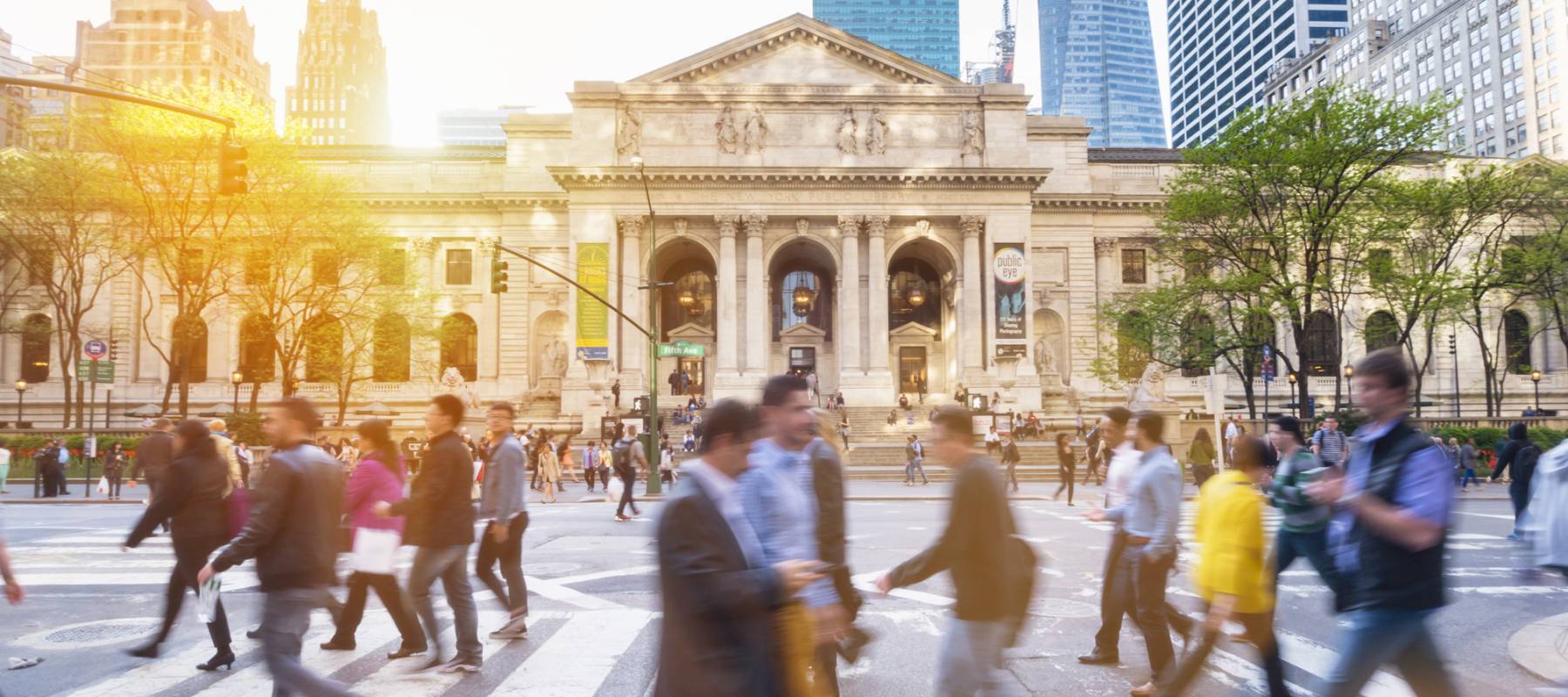 People on pedestrian crossing in front of New York Public Library, New York City, New York, USA - stock photo