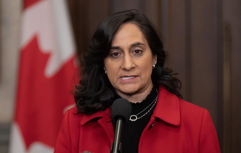 Treasury Board President Anita Anand speaks with reporters before Question Period, in Ottawa, Monday, Feb. 26, 2024. 
