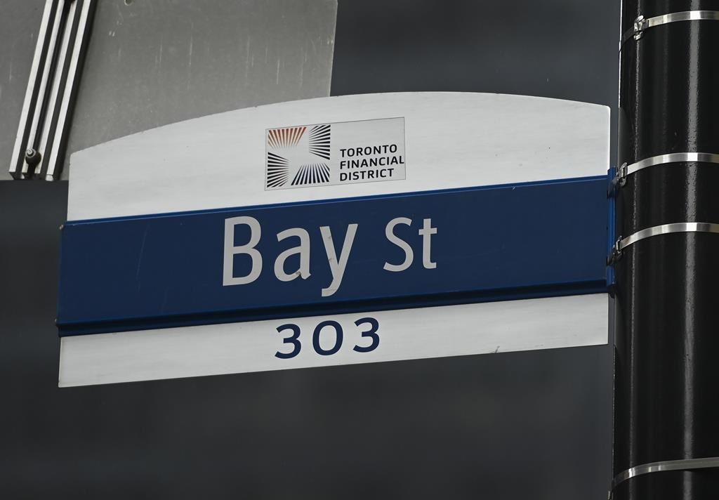 A street sign along Bay Street in Toronto&#039;s financial district is shown on Tuesday, January 12, 2021. 