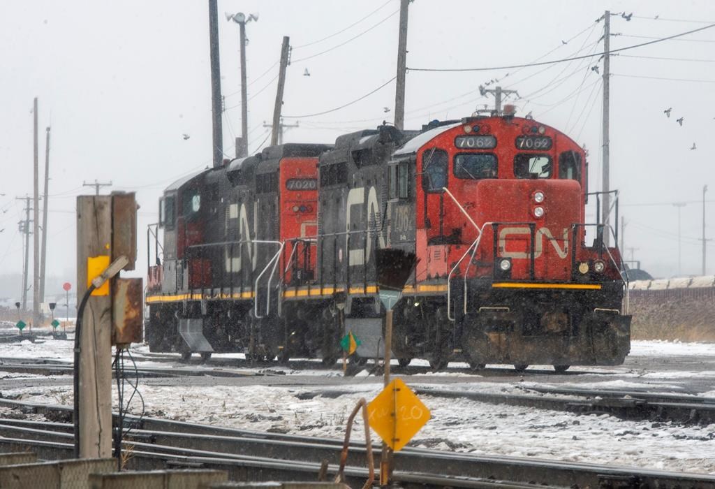 Locomotives sit idle in the railyard on Tuesday, November 19, 2019 in Montreal. The United Steelworkers union says it has reached a tentative deal with Canadian National Railway Co. for a new