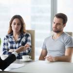 Unhappy couple dislike house offer from realtor or architect, boyfriend and girlfriend buying first home together dissatisfied with option prepared by broker.