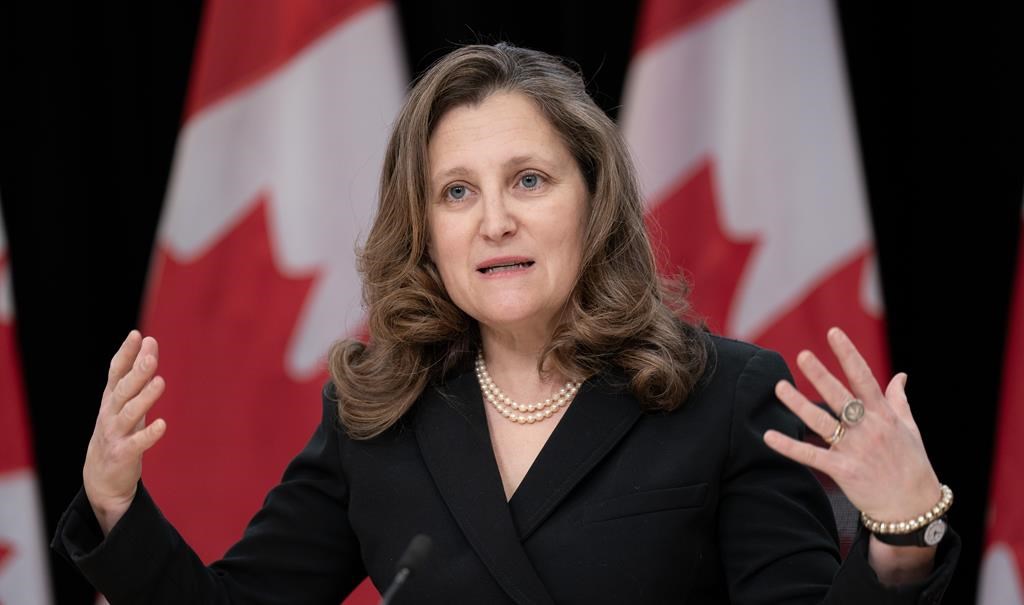 Deputy Prime Minister and Minister of Finance Chrystia Freeland responds to a question during a weekly news conference, Tuesday, February 27, 2024 in Ottawa. 