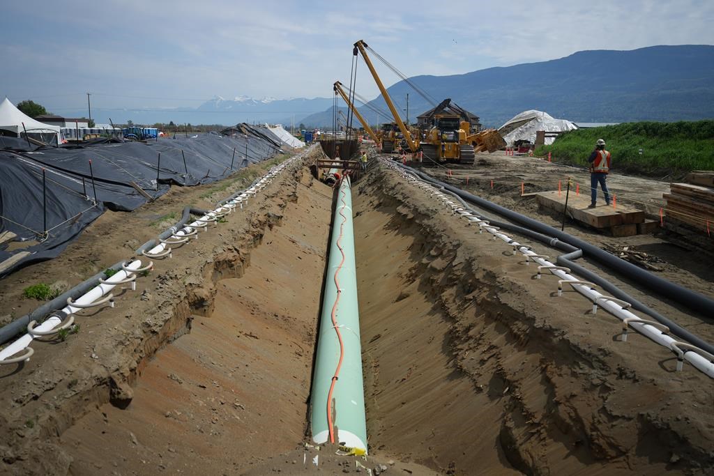 Workers lay pipe during construction of the Trans Mountain pipeline expansion on farmland, in Abbotsford, B.C., on Wednesday, May 3, 2023. After more than four years of construction and at le