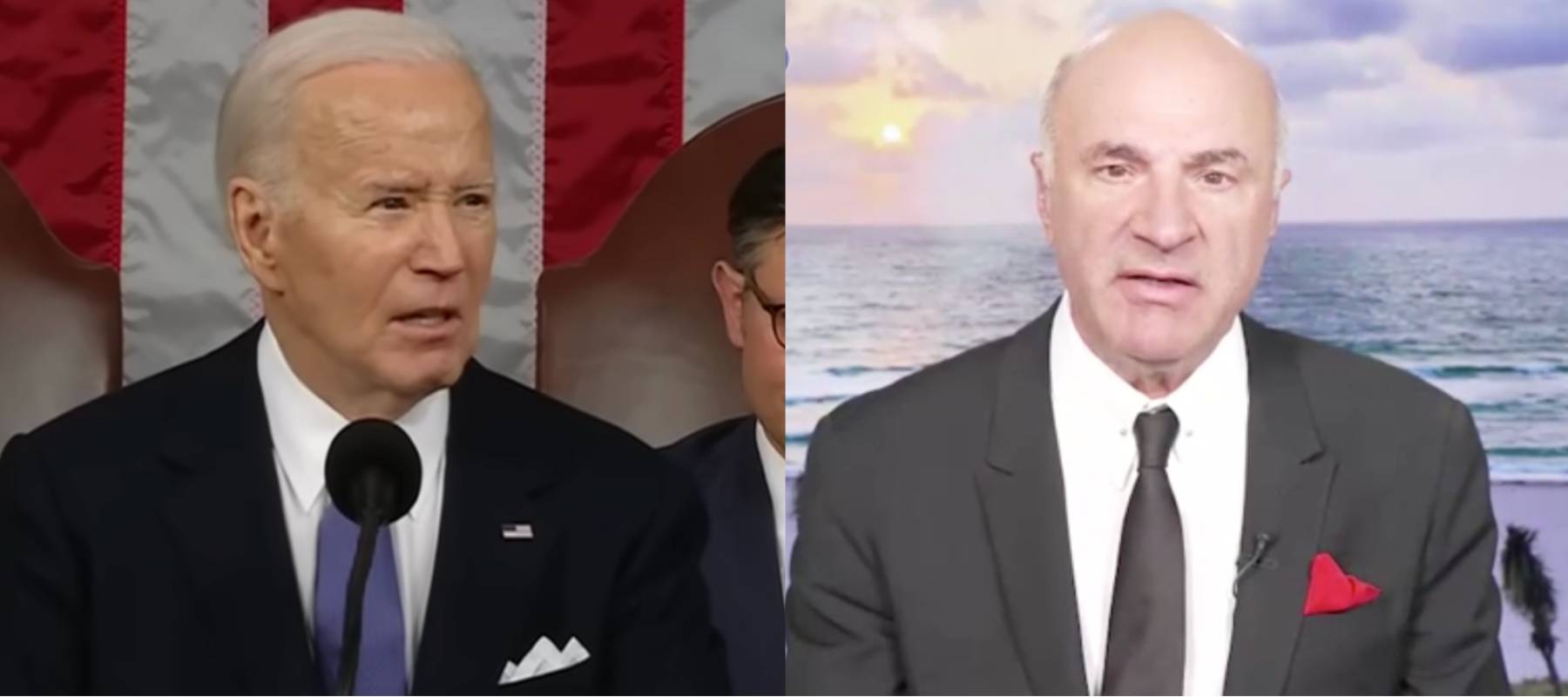 Joe Biden during the State of the Union address and Kevin O'Leary in a Daily Mail interview