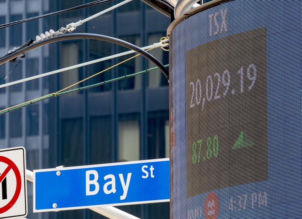 A signboard displays the TSX level in Toronto, Friday, June 4, 2021.
