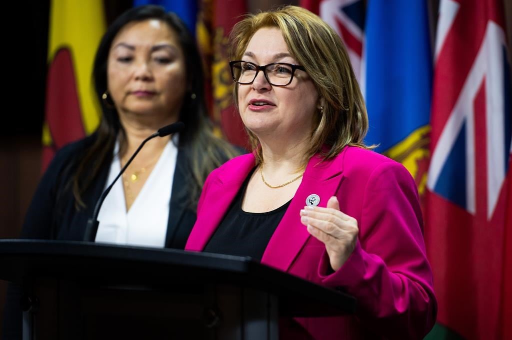 Bea Bruske, president of the Canadian Labour Congress (CLC), speaks during a press conference on Parliament Hill in Ottawa on Tuesday, Feb. 7, 2023. If you&amp;rsquo;ve been the victim of workpla