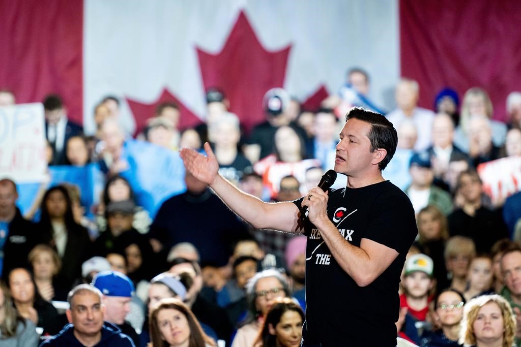 Conservative Party Leader Pierre Poilievre speaks during a rally in Ottawa on Sunday, March 24, 2024. Poilievre is requesting Prime Minister Justin Trudeau convene an emergency meeting with t
