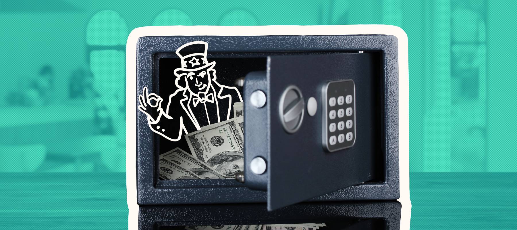 Uncle Sam with money in a safe