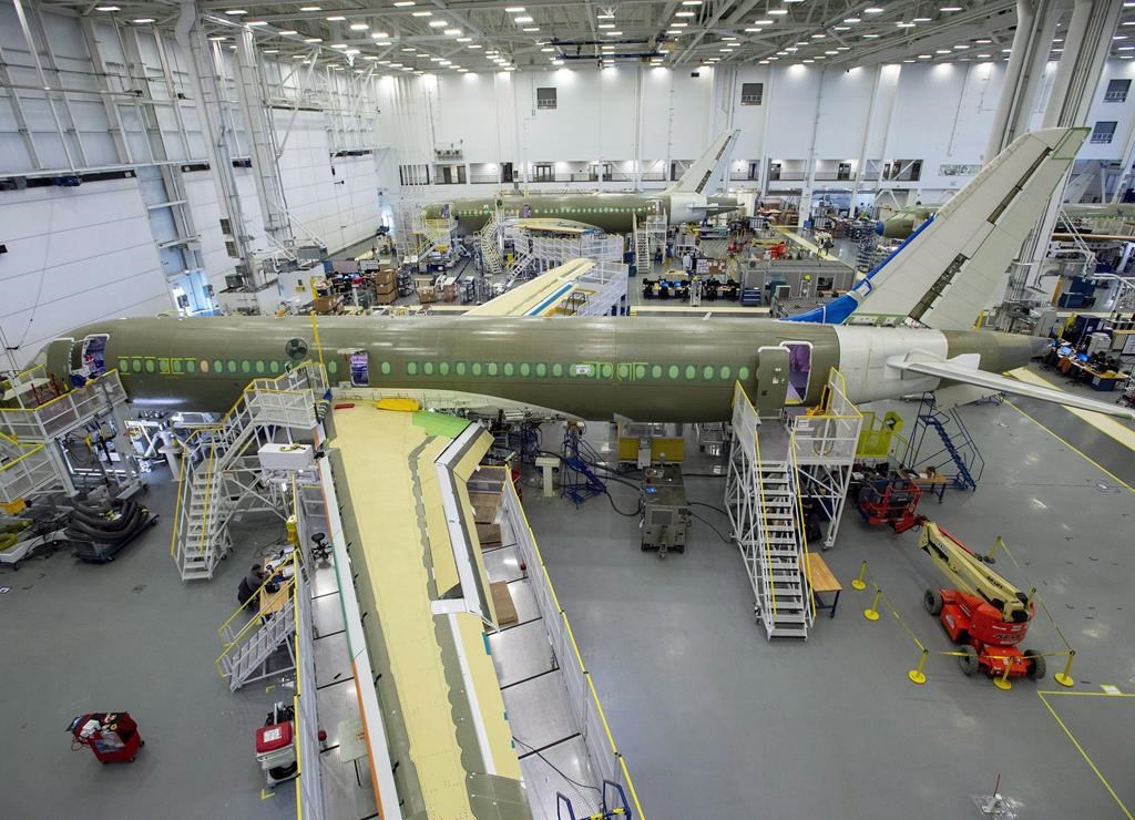 Airbus Canada says it has reached a tentative agreement with the union representing employees at the company&#039;s assembly facility in Mirabel, Que. The Airbus A220 assembly line is seen at the 