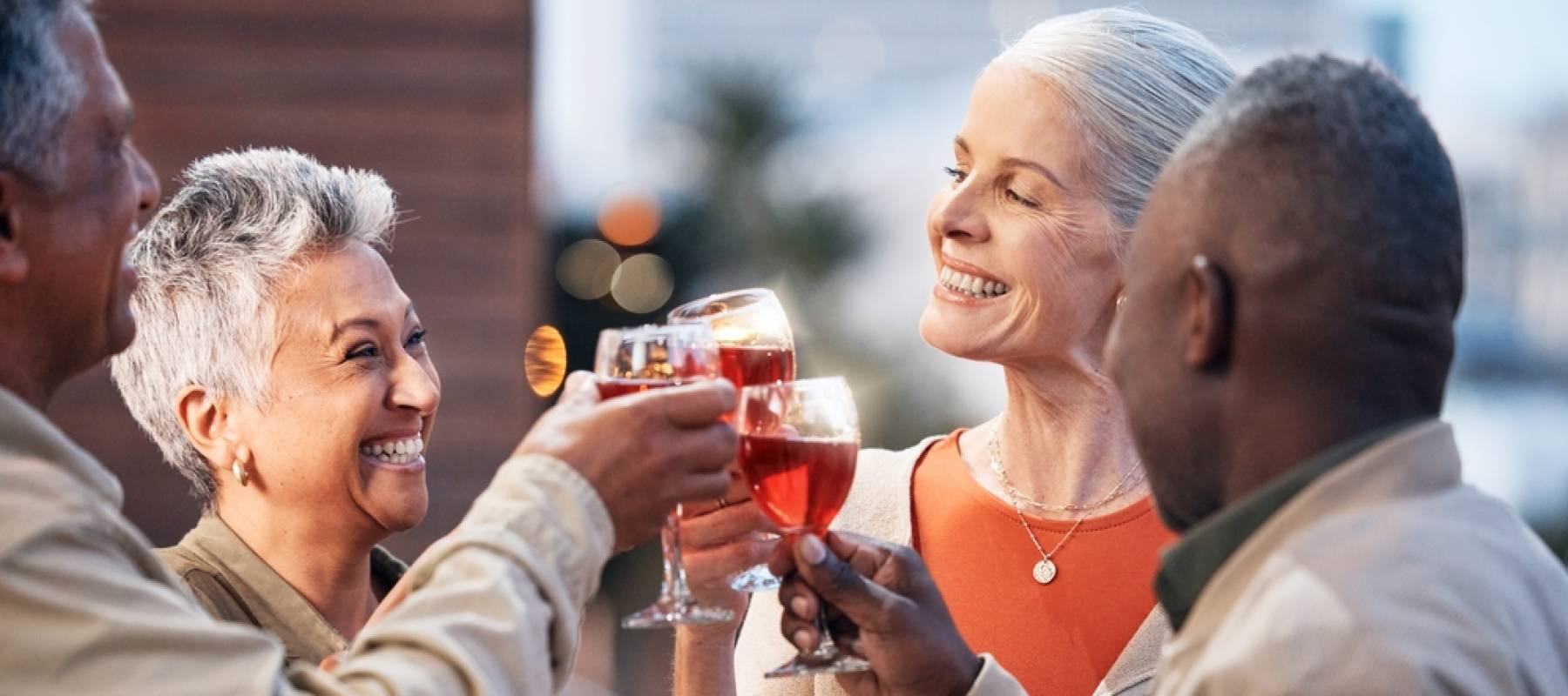 Friends, senior people with wine and retirement party