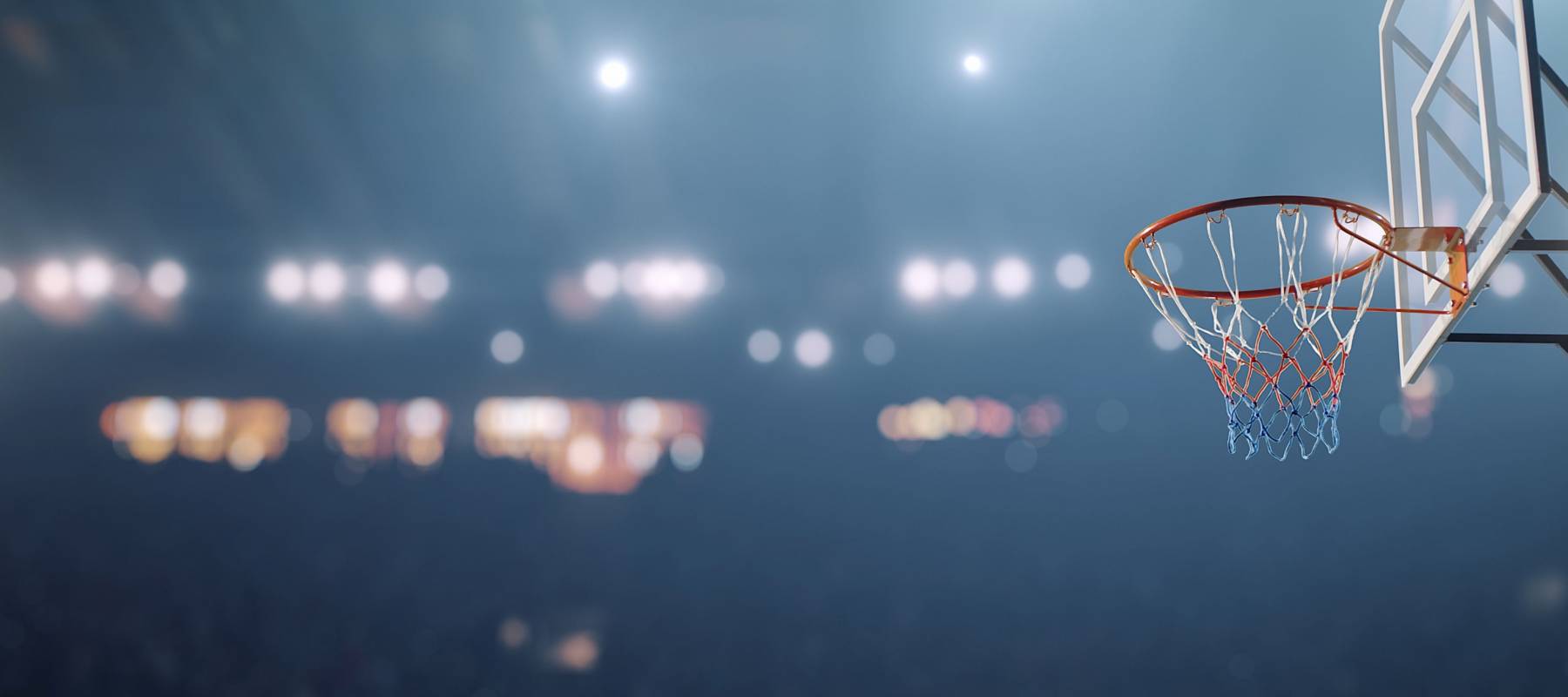 3D rendering of basketball arena with a hoop is empty