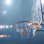 3D rendering of basketball arena with a hoop is empty