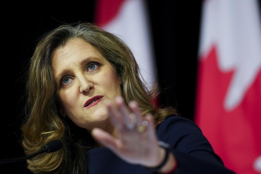 Deputy Prime Minister and Minister of Finance Chrystia Freeland holds a press conference prior to tabling the Federal Budget in Ottawa on Tuesday, April 16, 2024. Freeland says the $5-billion