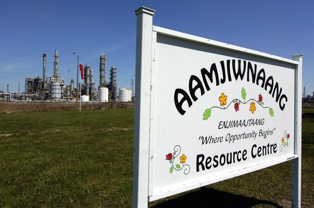 A sign for the Aamjiwnaang First Nation Resource Centre is shown in Sarnia, Ont., on April 21, 2007. 