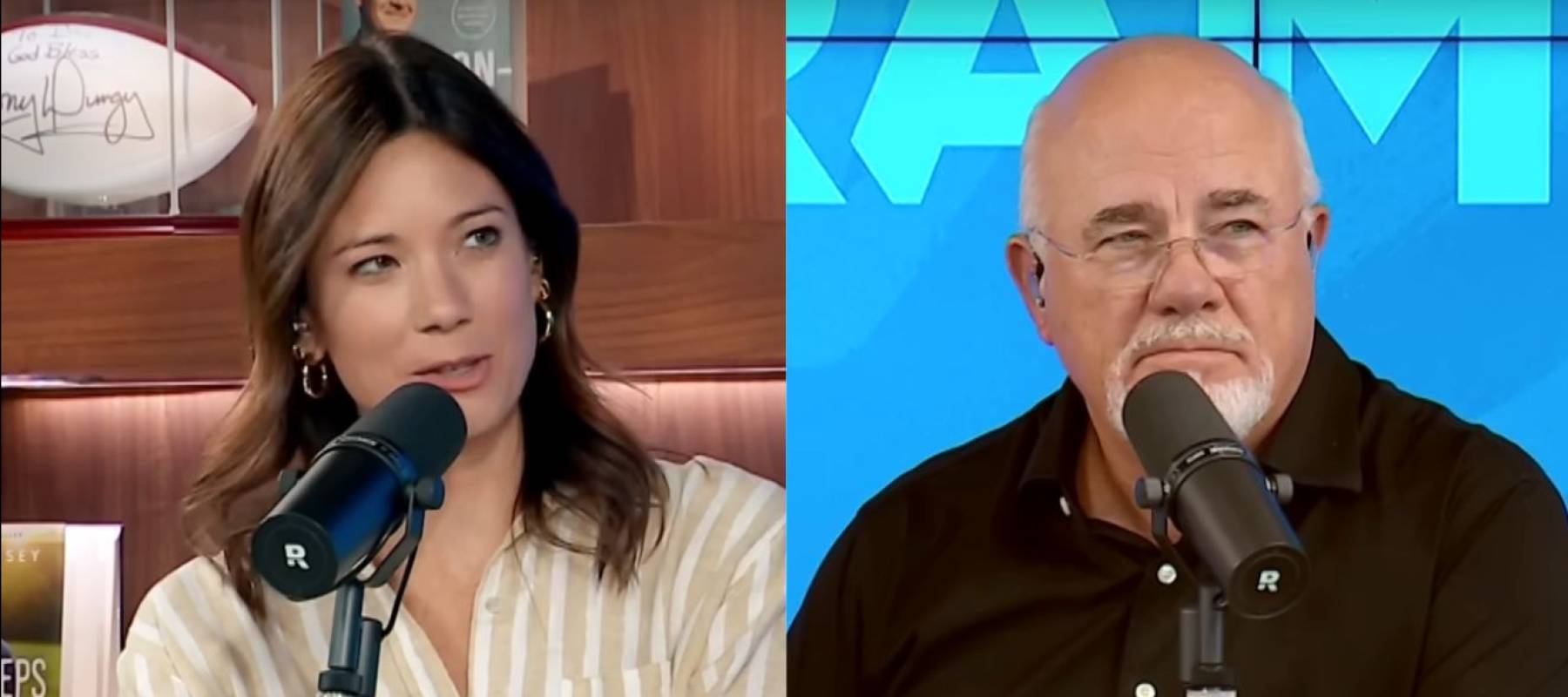 Rachel Cruze and Dave Ramsey seen side-by-side talking on the set of the Ramsey Show.