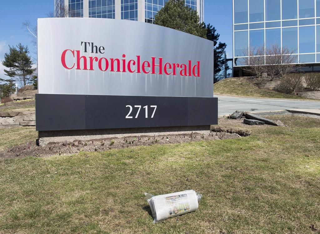 The Chronicle Herald sign is seen in Halifax on Thursday, April 13, 2017. A Toronto-based restructuring firm says several bidders have offered to buy all or part of SaltWire Network and The H