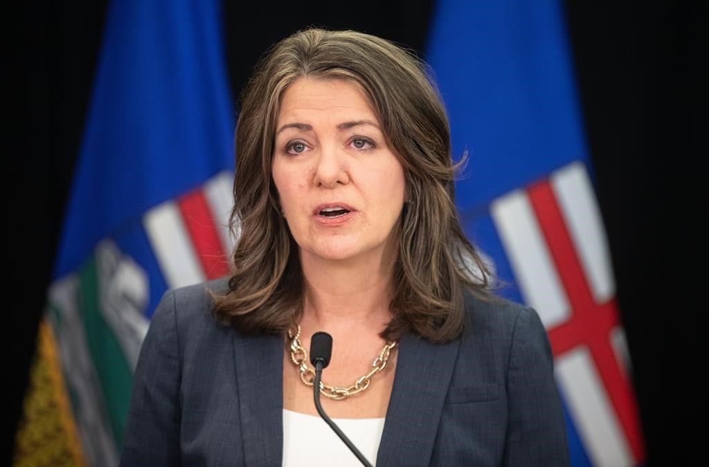 Alberta Premier Danielle Smith speaks in Edmonton on Wednesday April 10, 2024. The Alberta government has announced a master plan aimed at increasing passenger rail service in the province.
