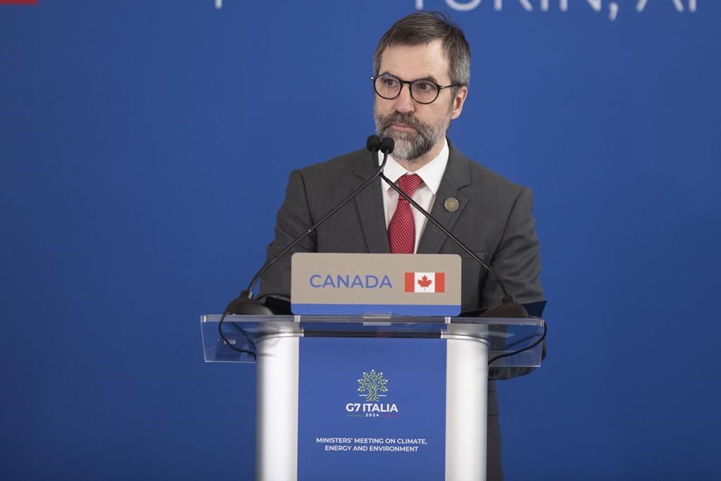 Canada&#039;s Environment Minister Steven Guilbeault speaks during the G7 Climate, energy and environment press conference at Venaria Reale in Turin, Italy, Tuesday April 30, 2024. 