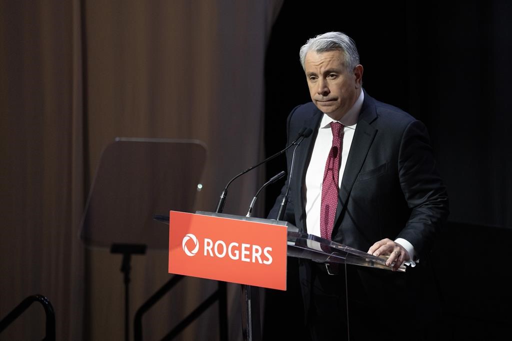 Rogers CEO Tony Staffieri speaks at the telecommunications company&#039;s annual general meeting in Toronto, Wednesday, April 26, 2023. The chief executive of Rogers Communications Inc. says the c