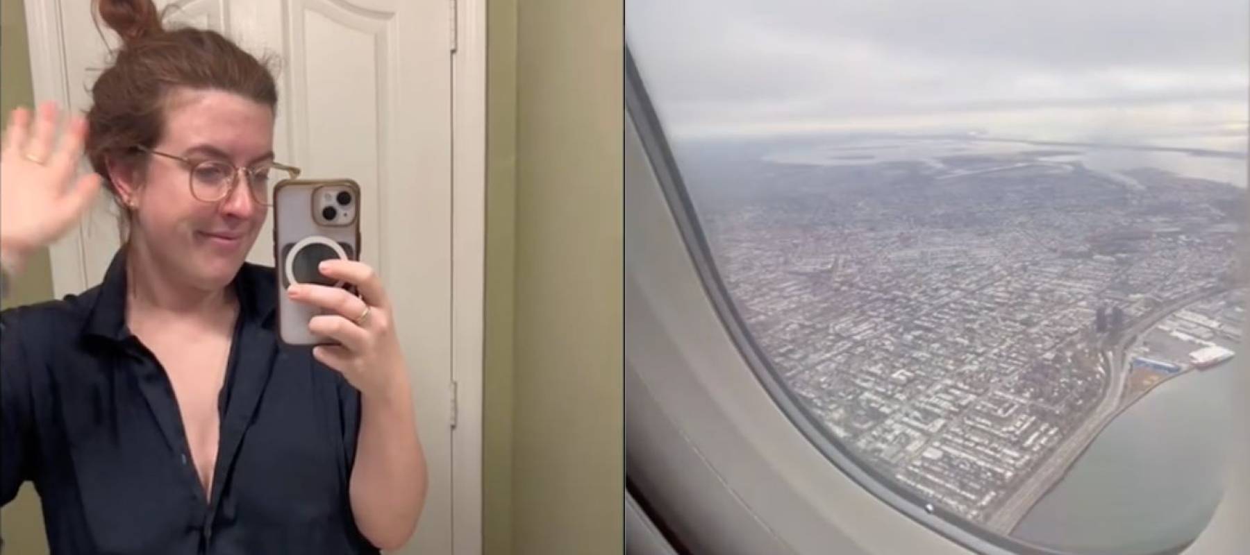 Side by side images of girl in bathroom mirror and the view from an airplane.