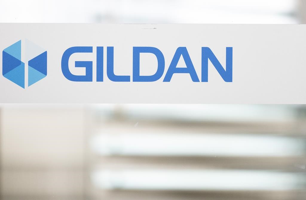 The Gildan logo is seen outside their offices in Montreal, Monday, Dec. 11, 2023. 