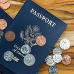 close up of two american passports and coins for a cheap travel concept