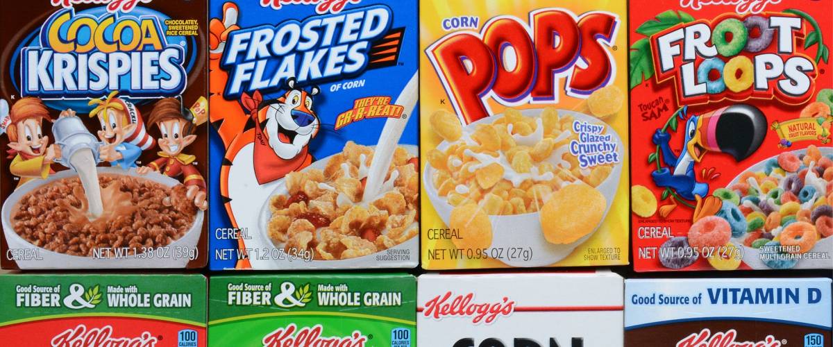 IRVINE, CALIFORNIA - MARCH 15, 2015: Kellogg's cereal boxes. A variety of Kellogg's single serving boxes. The Battle Creek, Michigan company is a leader in breakfast foods.