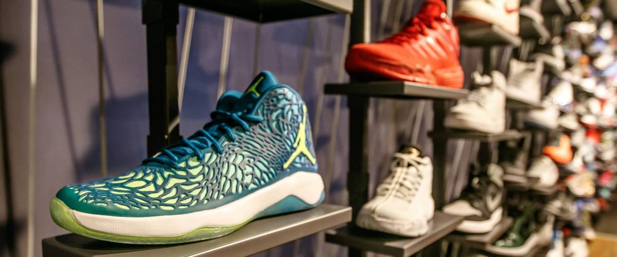 New York, February 21, 2017: Assorted Air Jordan basketball shoes for sale in the NBA store in Manhattan.