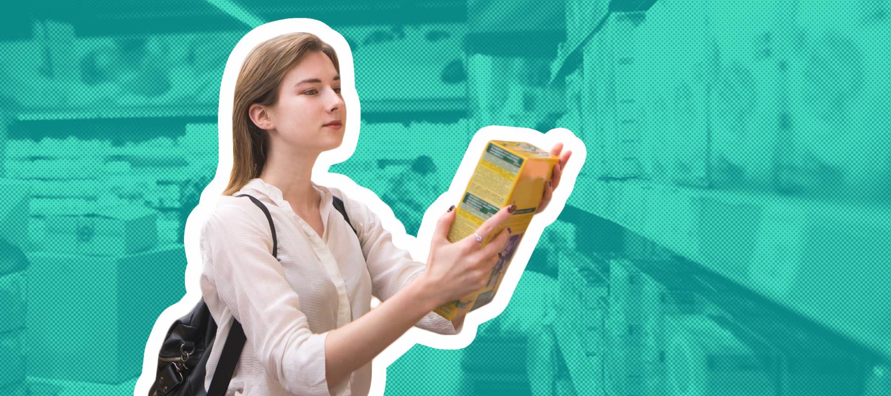 Woman buys quick breakfasts at a supermarket. Girl isa in the store with a box of flakes and hands. Woman chooses the products in the supermarket.