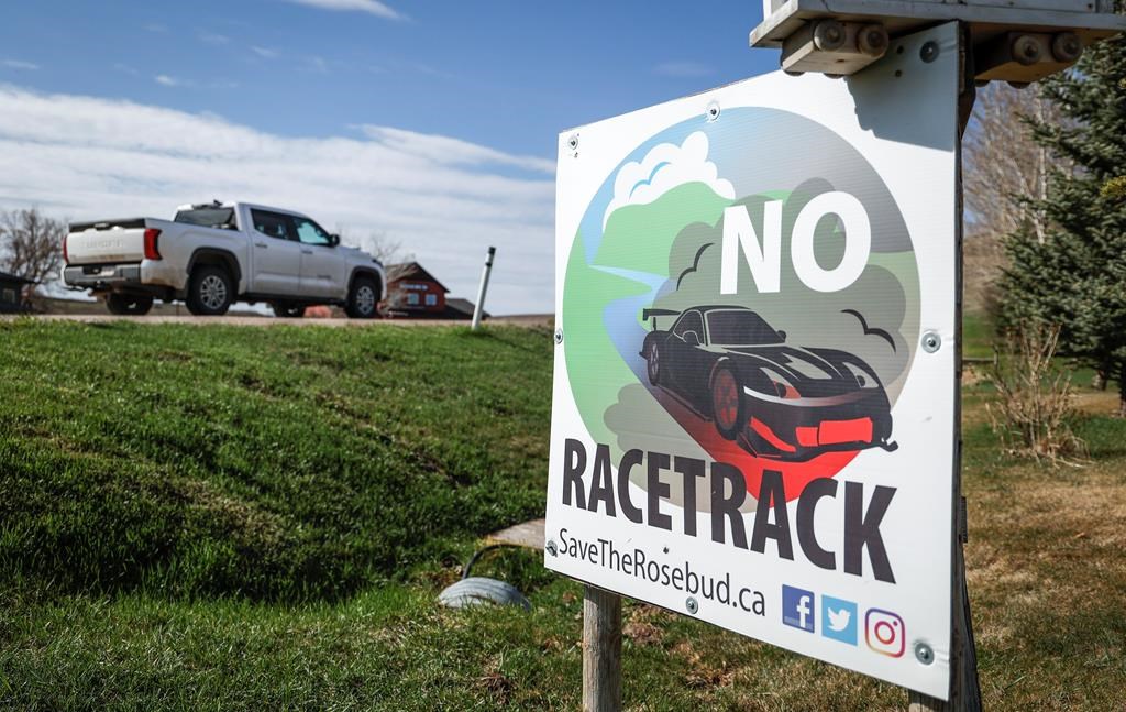 A sign is shown near Rosebud, Alta., northeast of Calgary, where landowners are fighting a proposed racetrack on Wednesday, May 8, 2024.