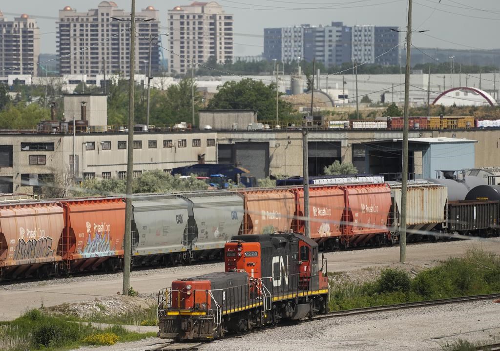 The Federal Court of Appeal has pressed pause on a lower court decision to halt construction of a massive rail-and-truck hub in the Greater Toronto Area. CN rail trains are shown in Vaughan, 