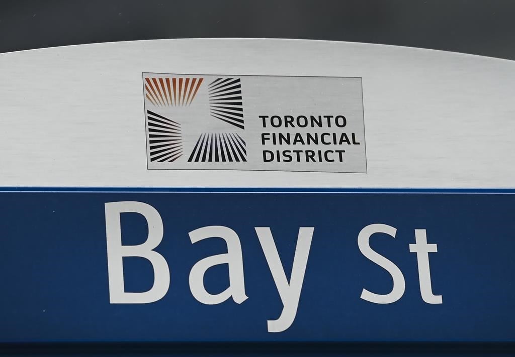 A street sign along Bay Street in Toronto&#039;s financial district is shown on Tuesday, Jan. 12, 2021.
