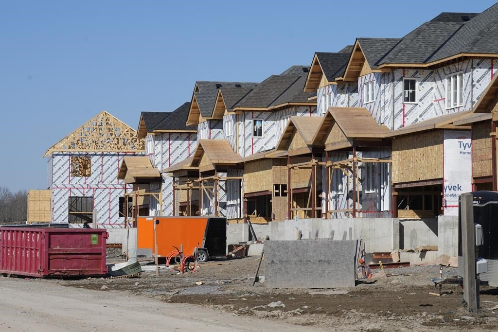 Canada Mortgage and Housing Corp. says the annual pace of housing starts in April edged down one per cent compared with March. A new housing development is shown in Belleville, Ont., on Frida