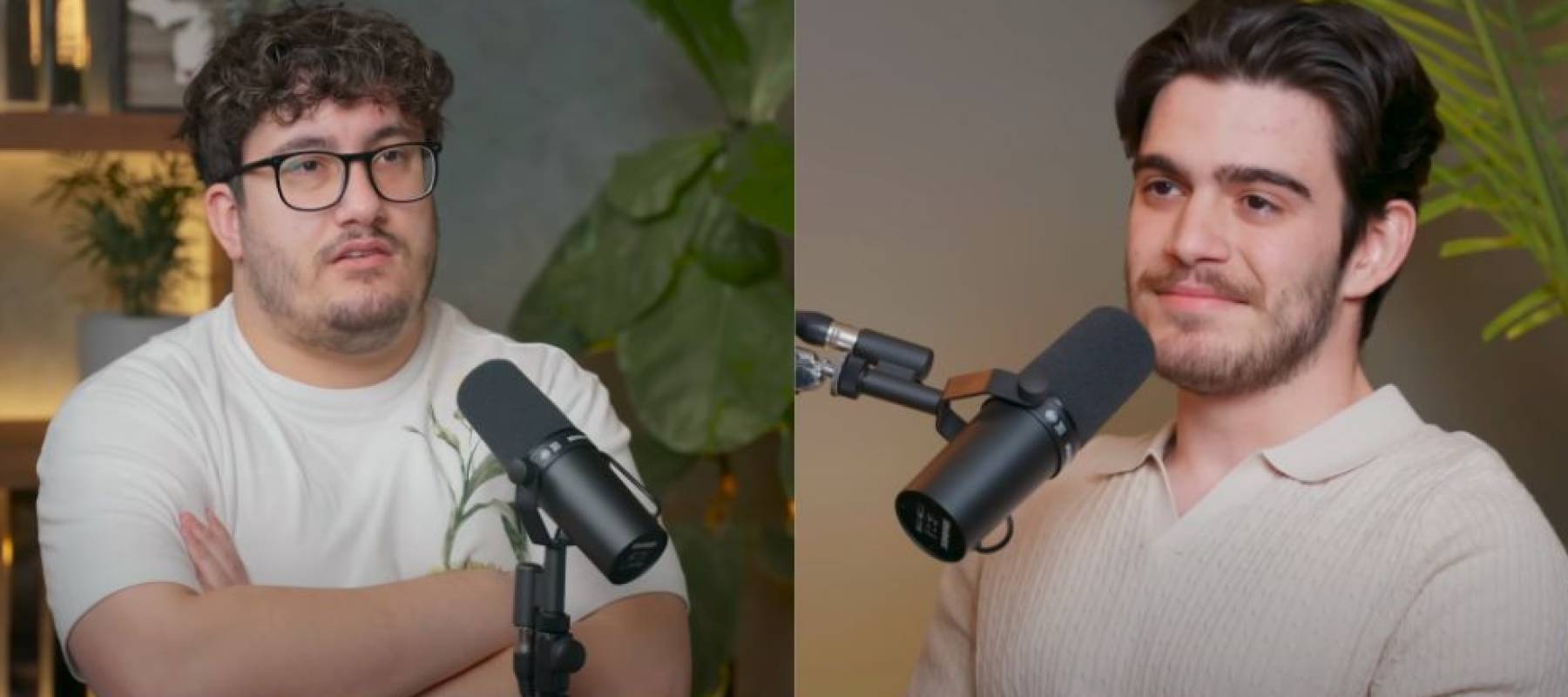 Two men seen facing each other, sitting in podcast studio, talking.