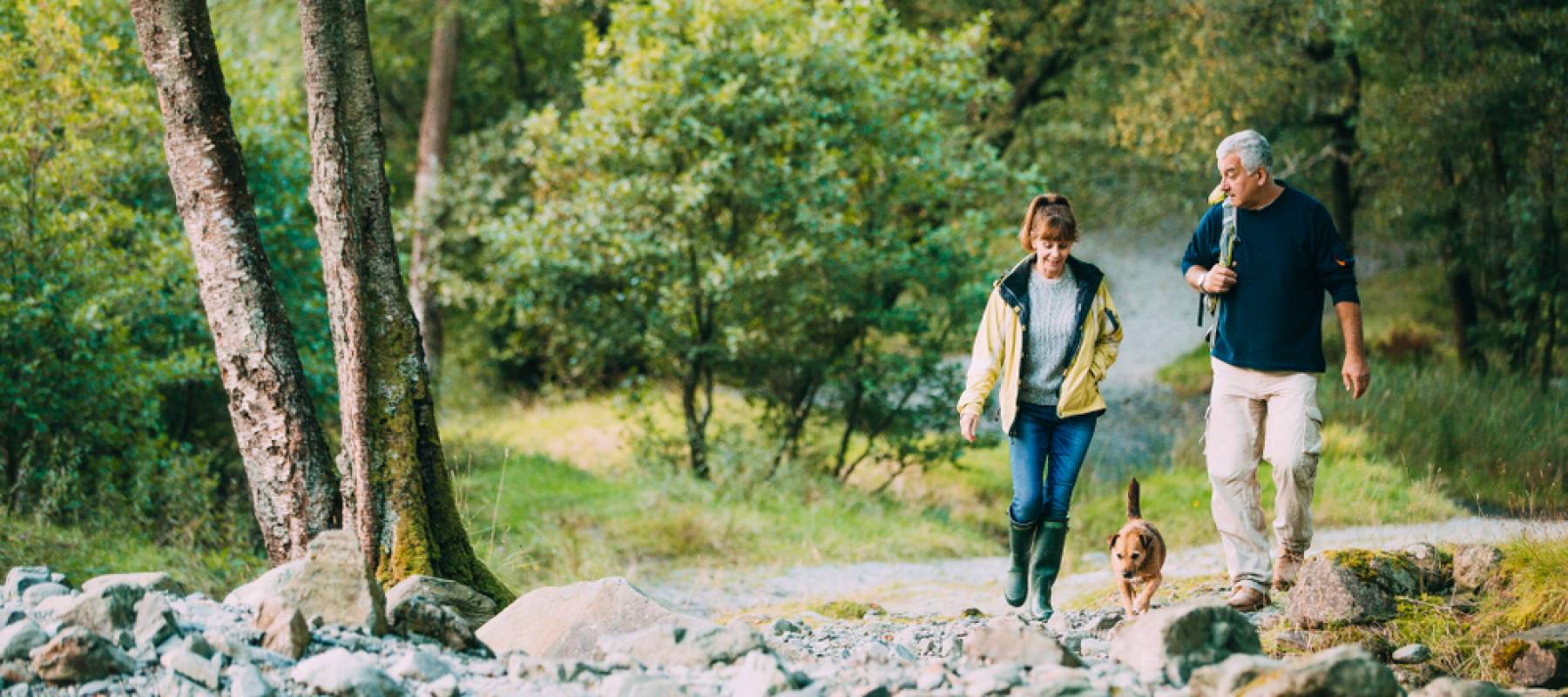 senior couple are hiking through the Lake District together with their pet dog