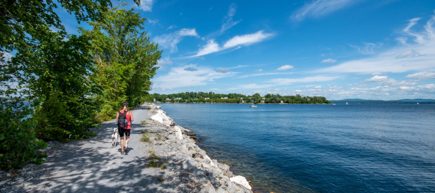 woman with dog walking on the causeway in Vermont