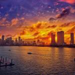 Miami downtown skyline sunset in Florida USA.