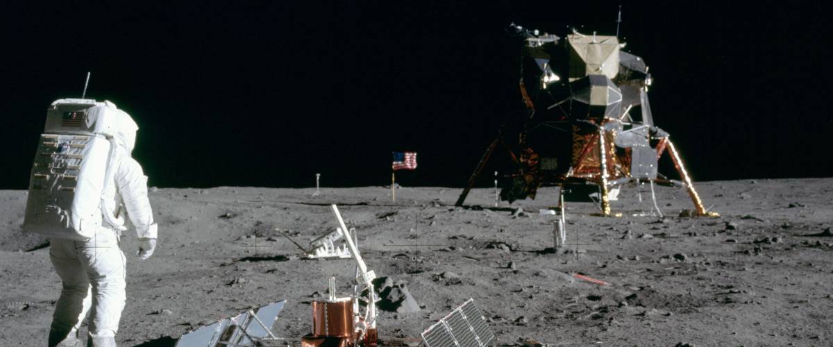 Buzz Aldrin looks back at Apollo 11's Lunar Module