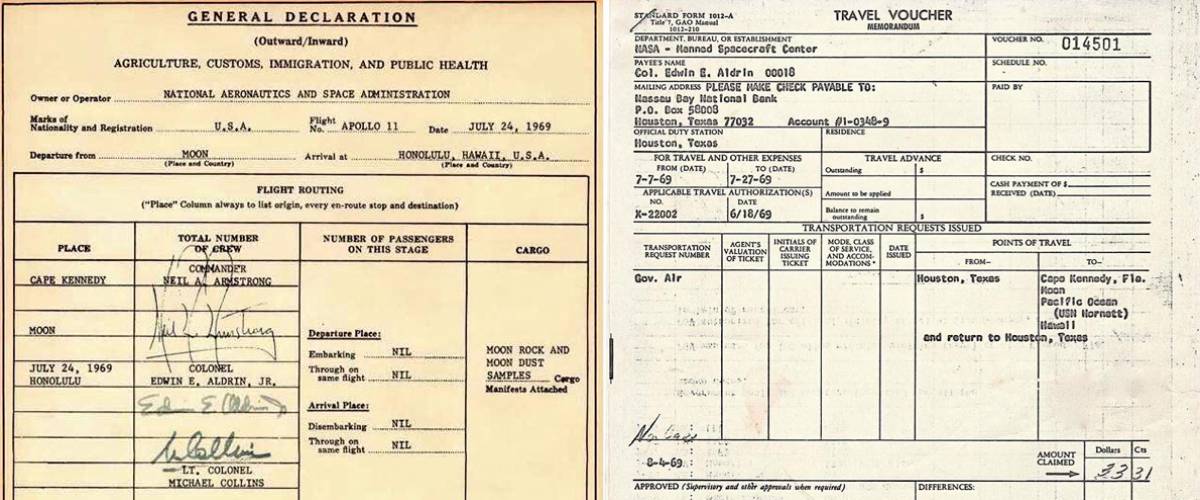 Buzz Aldrin's expense filing, and his customs declaration. 