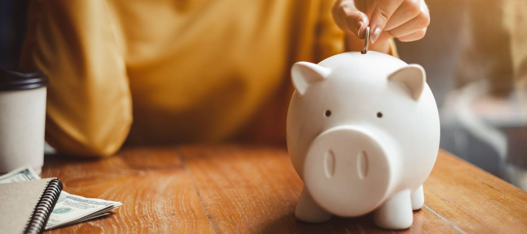 woman hand putting money coin into piggy for saving money wealth and financial concept.