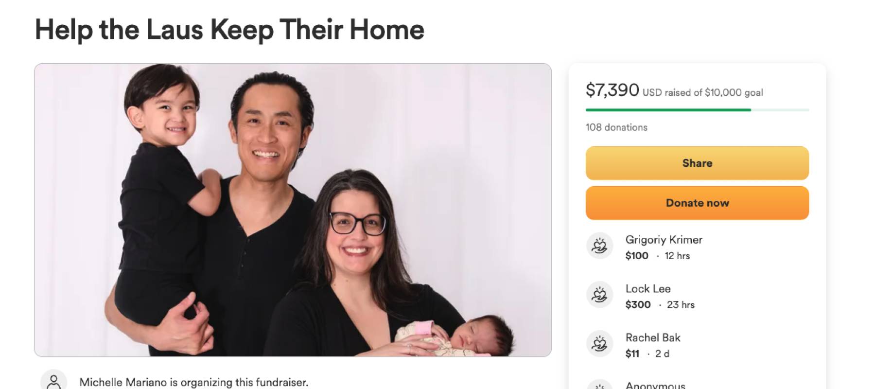 Screenshot of Michelle Lau's GoFundMe page, showing a photo of the family and the amount raised.