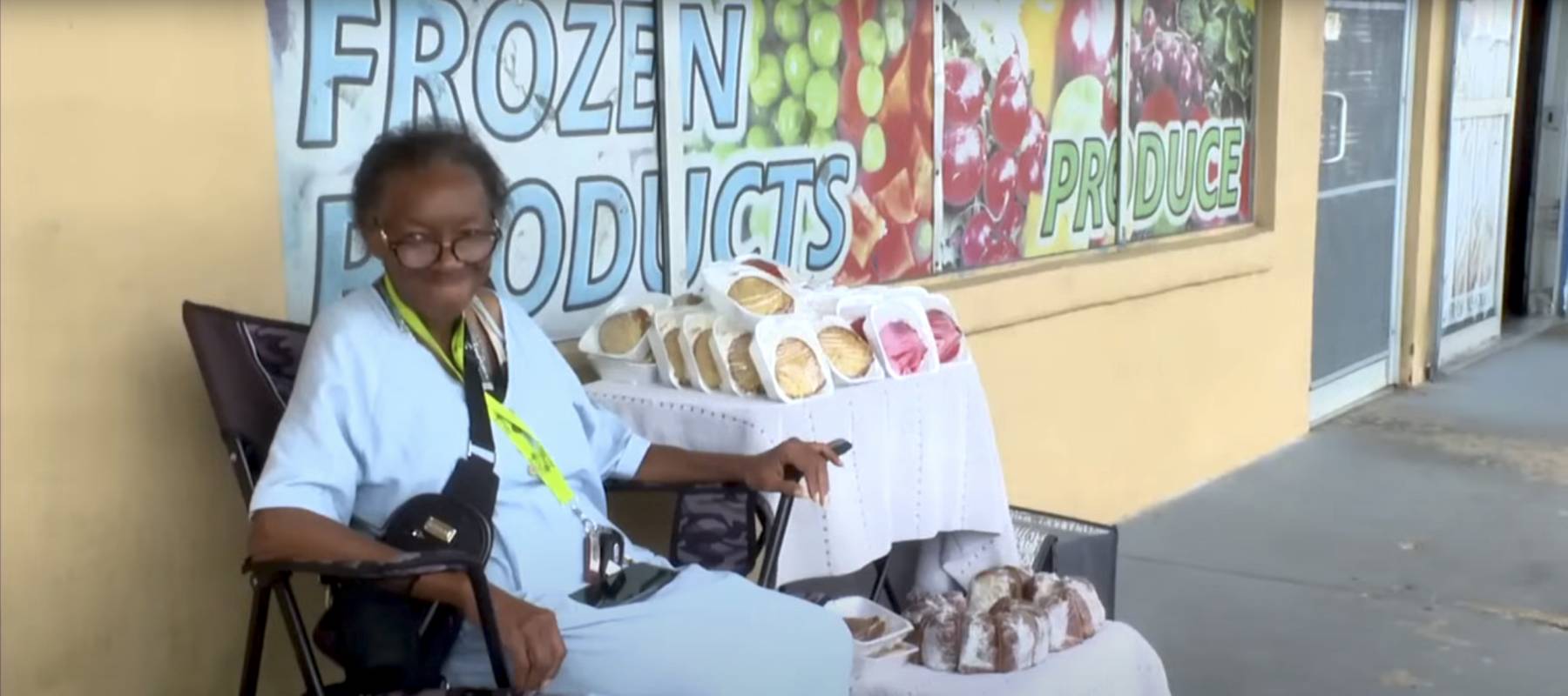 Inez Hudson, 73, sets up shop with her baked goods outside a grocery store in Lakeland, Florida.