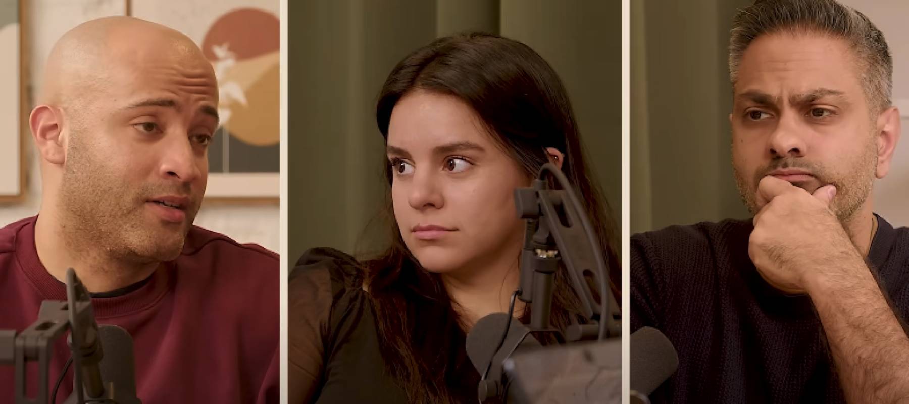 Three images of people seen side-by-side, in discussion, looking serious.