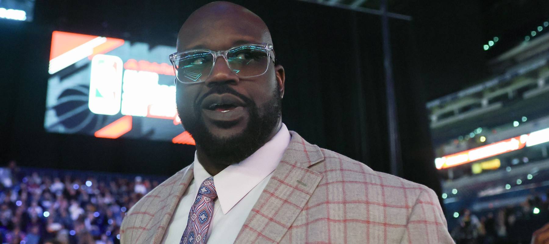 Shaquille O'Neal attends an NBA all-star event at Lucas Oil Stadium in Indianapolis, Indiana, Feb. 17, 2024.