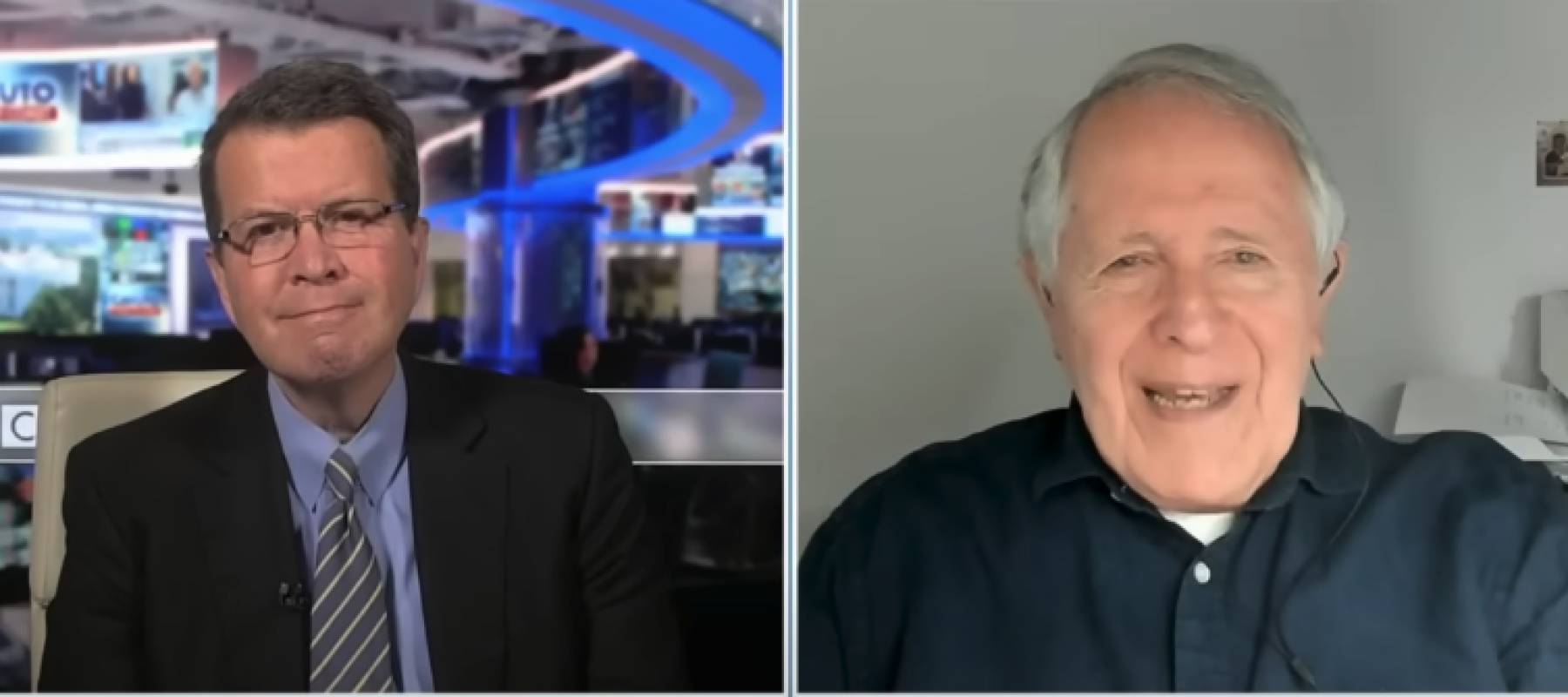 Two images of men talking, one in a suit seen in a newsroom, the other in a home office.